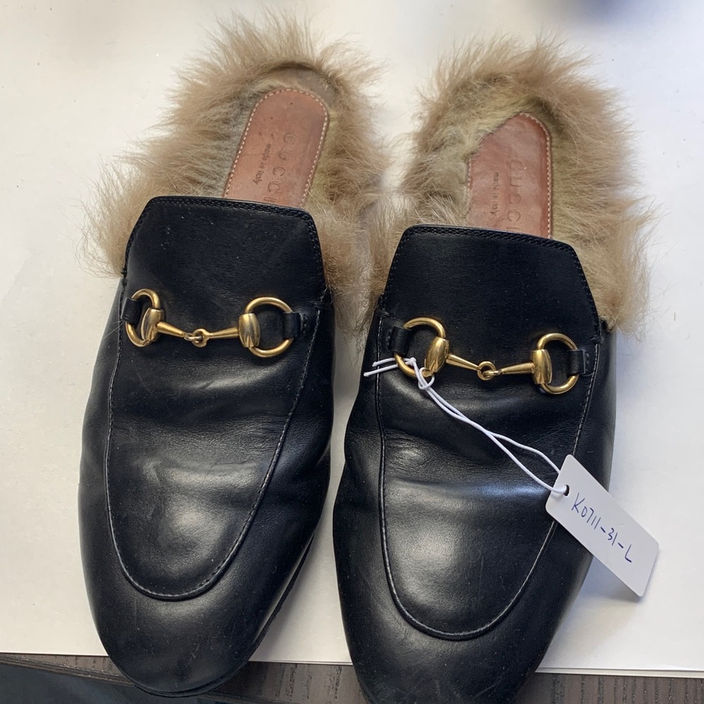 Gucci Black Leather Fur-Lined Horsebit Slippers